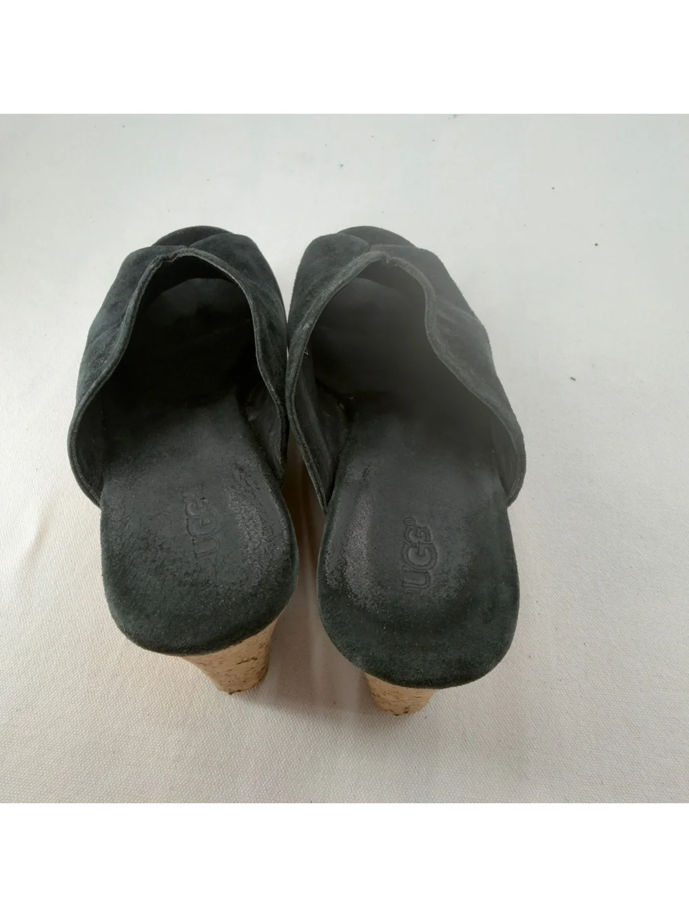 UGG Dominique Leather Slides Sandals 6 Wedge Suede Cork Peep-Toe Platform Black